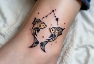 This Pisces tattoo features the star constellation in shimmering gold ink, blending cosmic beauty with astrological meaning. tattoo idea