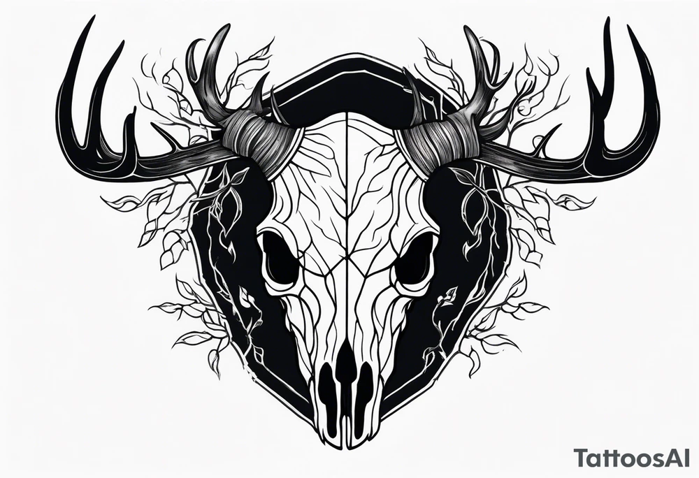 side profile of a DECAYING deer skull JUST BONE surrounded by a flames and trees tattoo idea