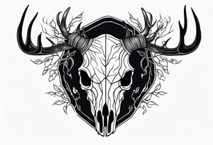 side profile of a DECAYING deer skull JUST BONE surrounded by a flames and trees tattoo idea