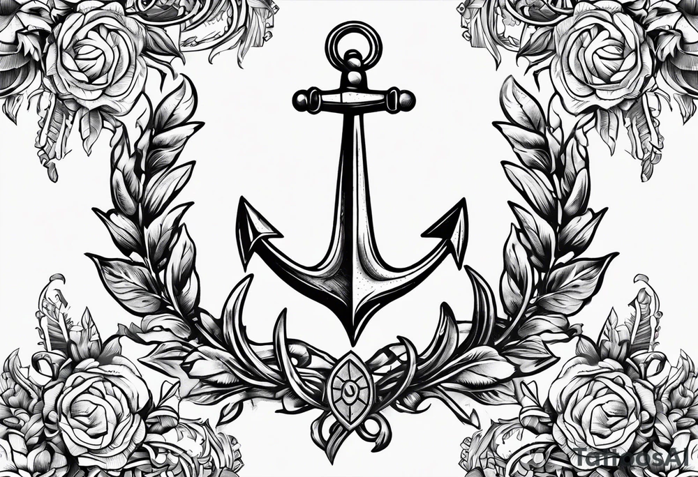 A selucid style anchor in front of a compass and a narrow laurel wreathe wrapped around the compass tattoo idea