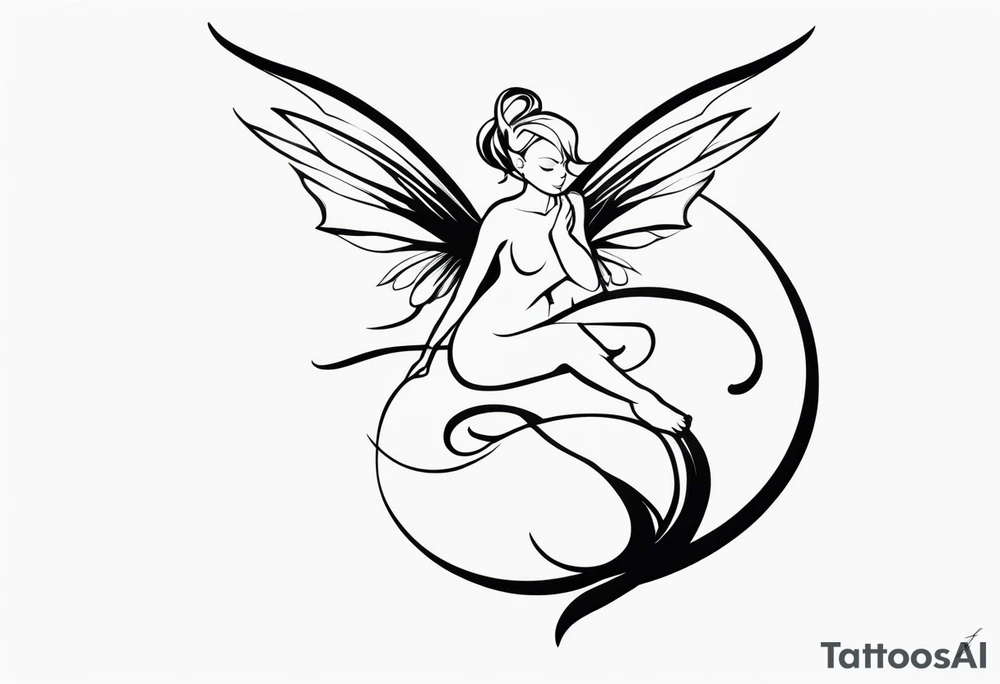 Minimalistic, monochromatic fairy with a tail flying to the left in a fetal position, leaning and looking in the same direction, with visible hands, embodying the 'Fairy Tail' logo aesthetic. tattoo idea