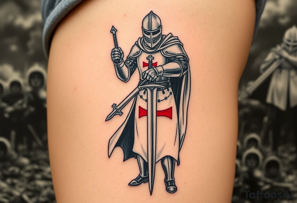 A fierce Templar knight in full armor, gripping a longsword, with a red cross emblazoned on his white tunic, standing against a stormy battlefield tattoo idea