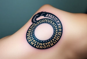 An obsidian black Ouroboros snake forming cyrcle with golden runes carved into its scales, creating a mystical, ancient feel. tattoo idea