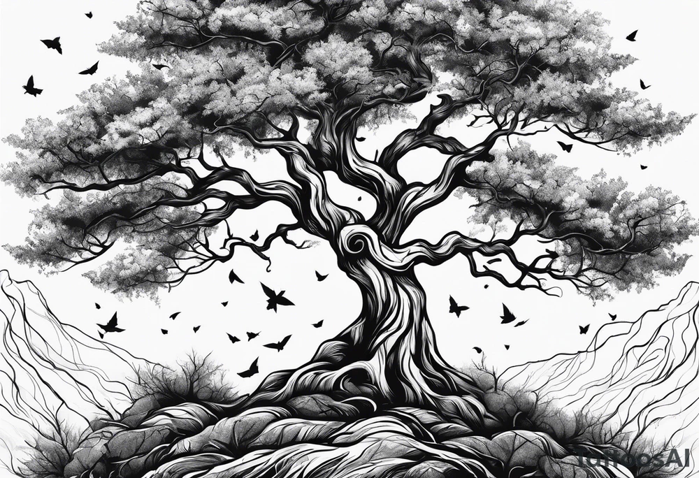 tree where leaves have fallen off only on one side tattoo idea