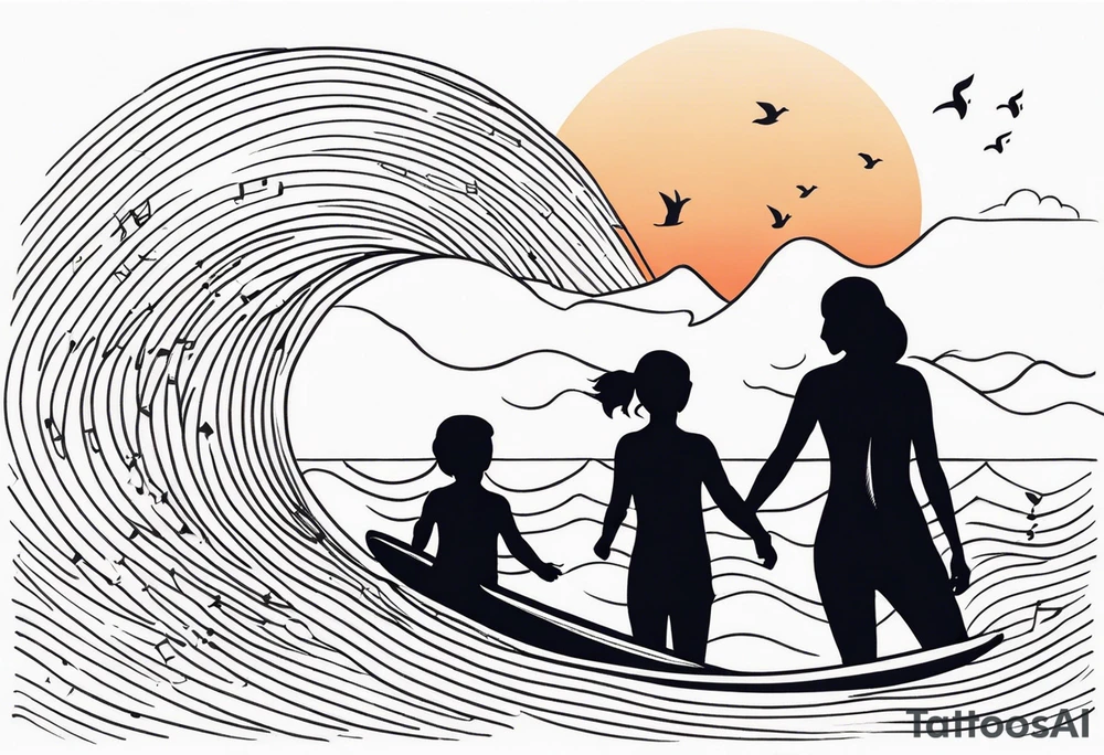 Black and white minimalist Line work tattoo depicting a father surfing with his two daughters.  The sunset and horizon have musical notes. tattoo idea