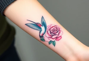 A tattoo on the forearm with the name Debby Deguzman with a humming bird and a rose tattoo idea