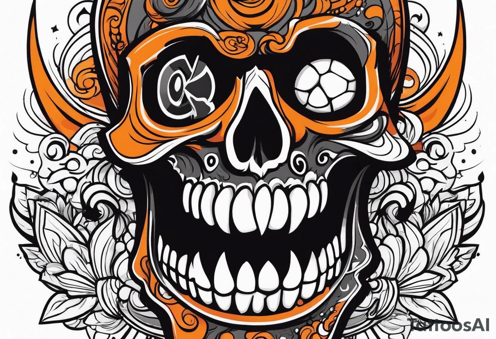 skull laughing black and orange tattoo idea