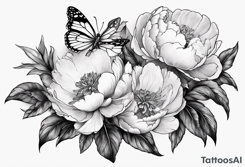 3 peonies with butterfly tattoo idea
