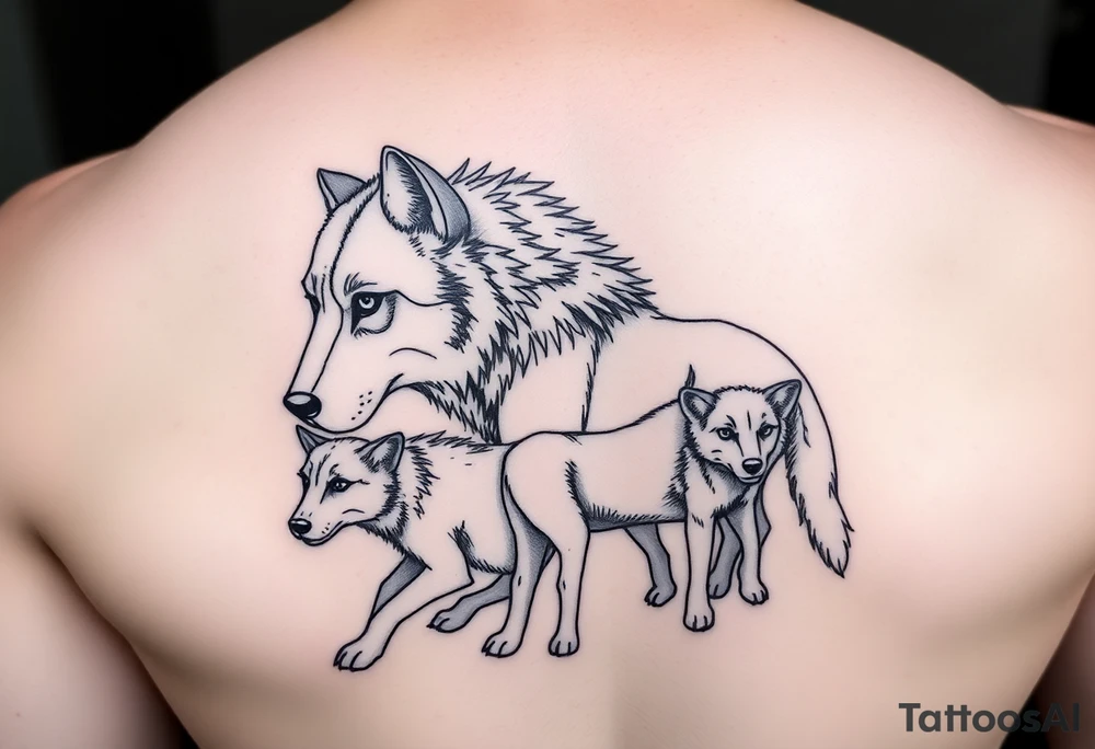 A solitary yet sublime and noble wolf and its progeny. tattoo idea