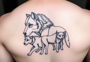 A solitary yet sublime and noble wolf and its progeny. tattoo idea