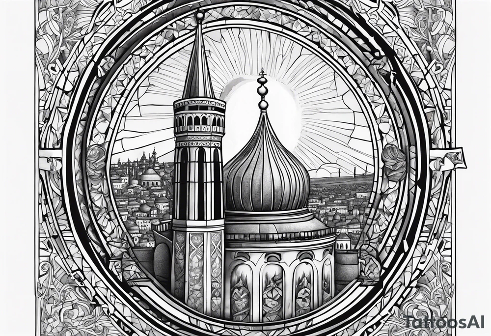 Sleeve tattoo, mosaic of Basil II, with sun shining above and city of medieval Constantinople below tattoo idea