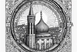 Sleeve tattoo, mosaic of Basil II, with sun shining above and city of medieval Constantinople below tattoo idea