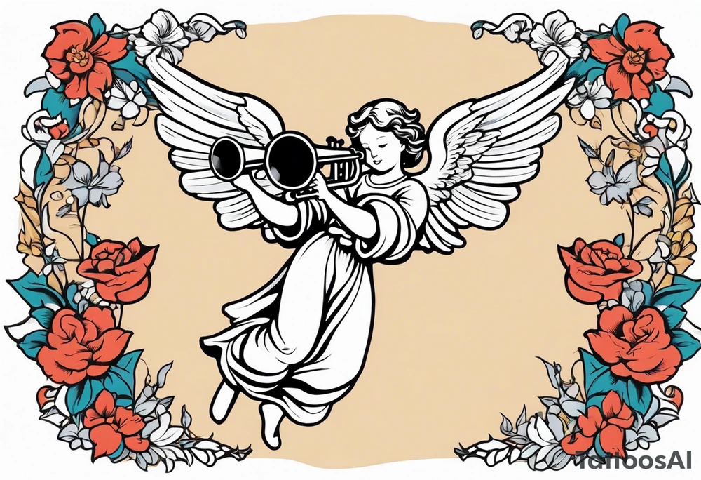 angel with trumpet
old school vintage simple traditional design with vintage flowers surrounding it bold color tattoo idea