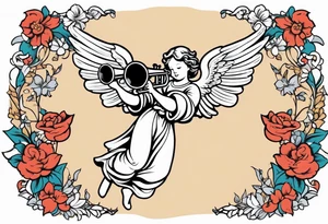 angel with trumpet
old school vintage simple traditional design with vintage flowers surrounding it bold color tattoo idea