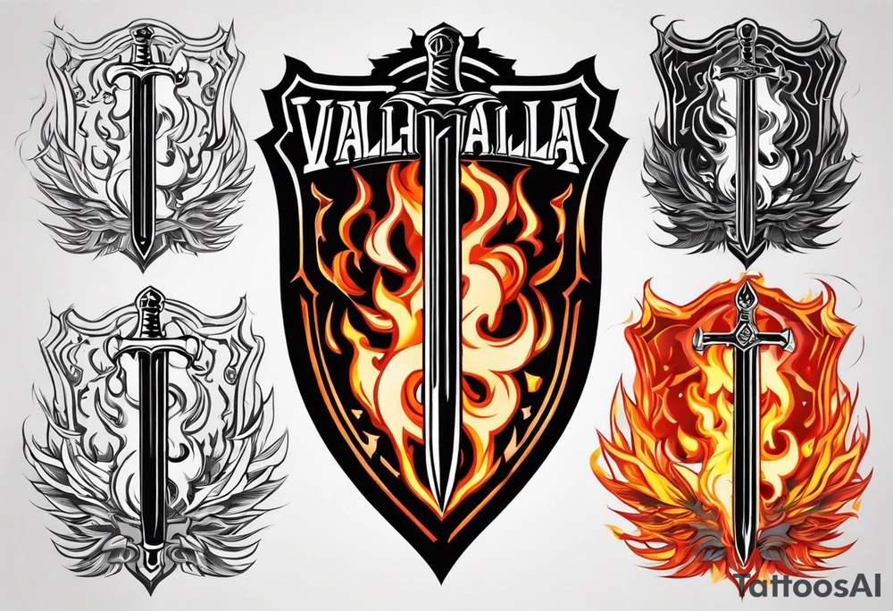 Valhalla on  fire shield sword tattoo idea