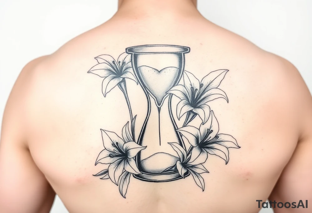 Hourglass, lillies, realistic, black and white tattoo idea