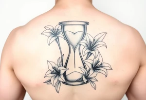 Hourglass, lillies, realistic, black and white tattoo idea