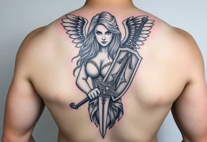 blonde valkyrie with sword and shield -- location calf -- image should show entire body of the valkyrie -- she should have large breasts and beautiful yet tough tattoo idea