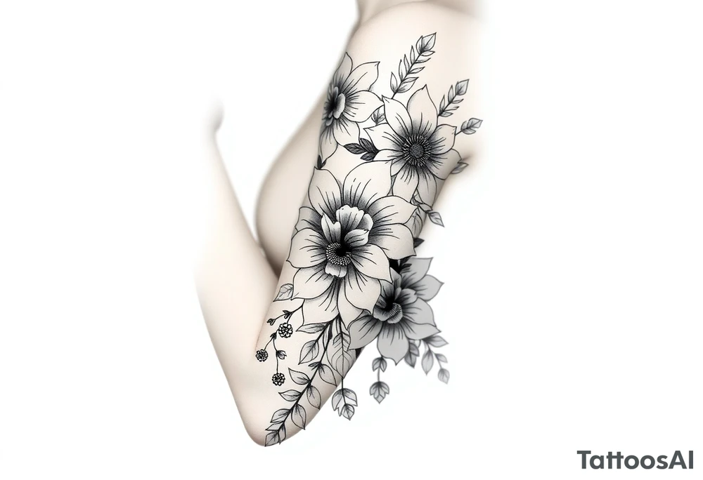 floral composition with japanese vibe, mutiple ornemental patern and leaf, dot geometric ornement, lycoris tattoo idea