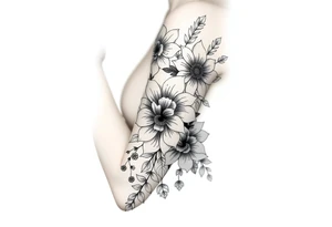 floral composition with japanese vibe, mutiple ornemental patern and leaf, dot geometric ornement, lycoris tattoo idea