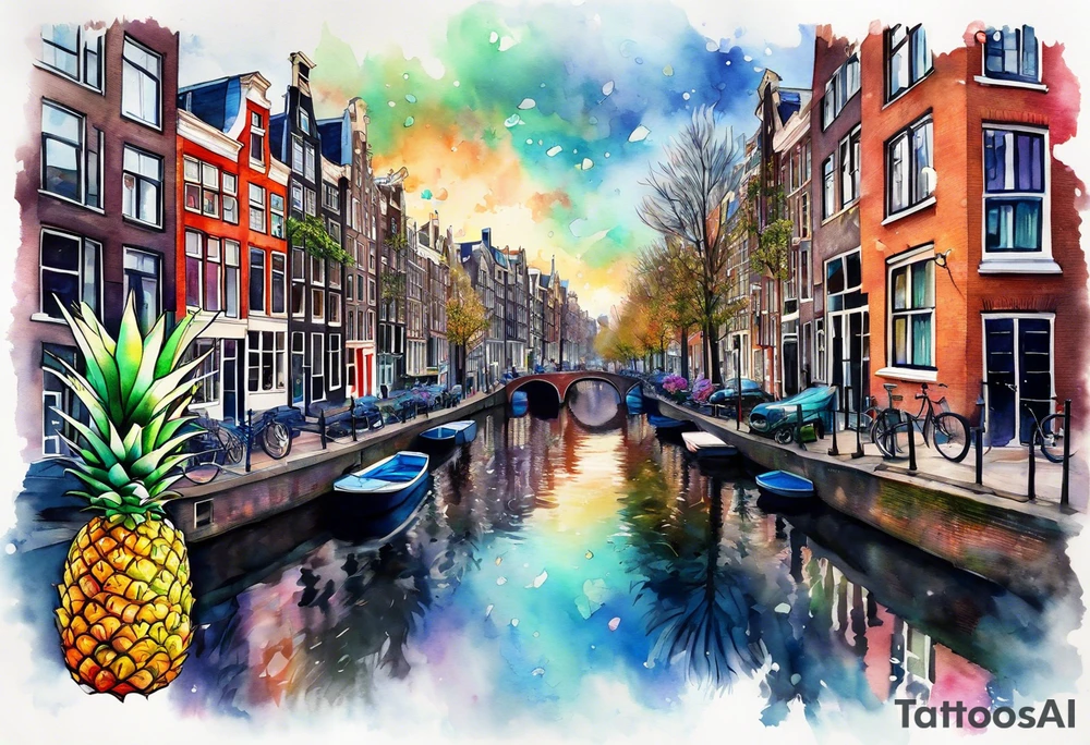 Broken glass watercolour tattoo, pineapple stag, Amsterdam, Amsterdam buildings, Amsterdam canal, space colours, galaxy colours, pineapples tattoo idea