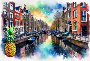 Broken glass watercolour tattoo, pineapple stag, Amsterdam, Amsterdam buildings, Amsterdam canal, space colours, galaxy colours, pineapples tattoo idea