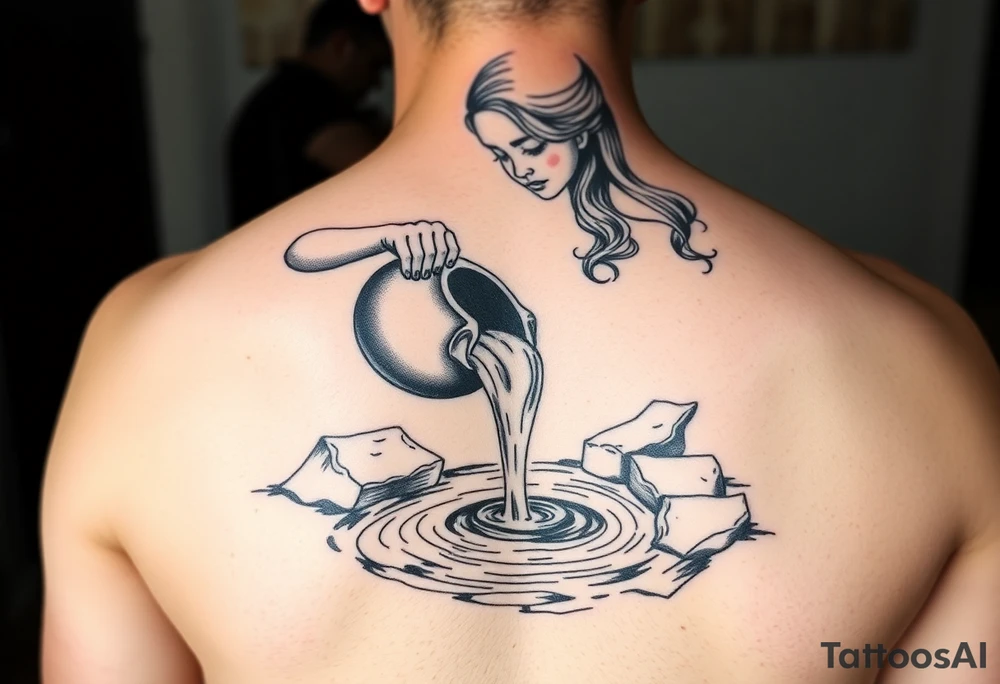 Beautiful female water bearer pouring an urn of water that flows into a pool of water tattoo idea