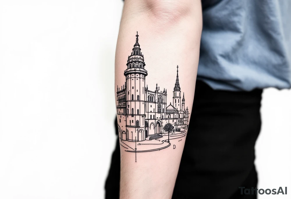 Creative barcelona architecture leg sleeve tattoo idea