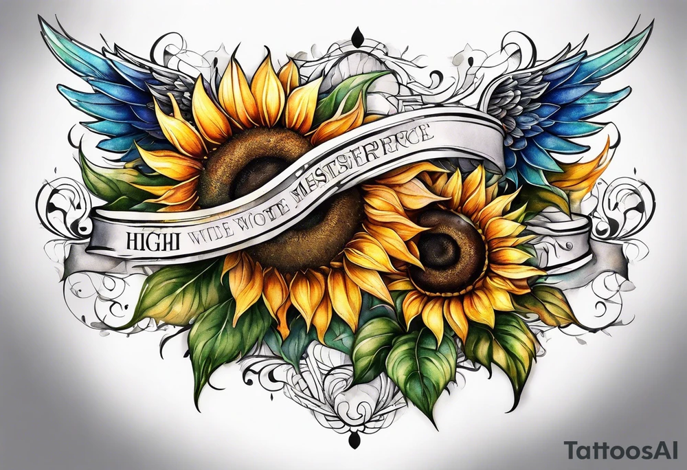 Sunflowers and angel wings leg sleeve tattoo idea