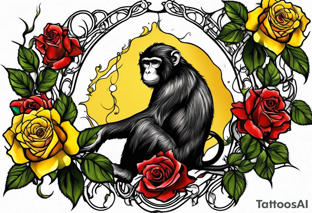 Yellow rose vine with a monkey and blood dripping from the roses tattoo idea