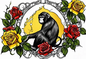 Yellow rose vine with a monkey and blood dripping from the roses tattoo idea
