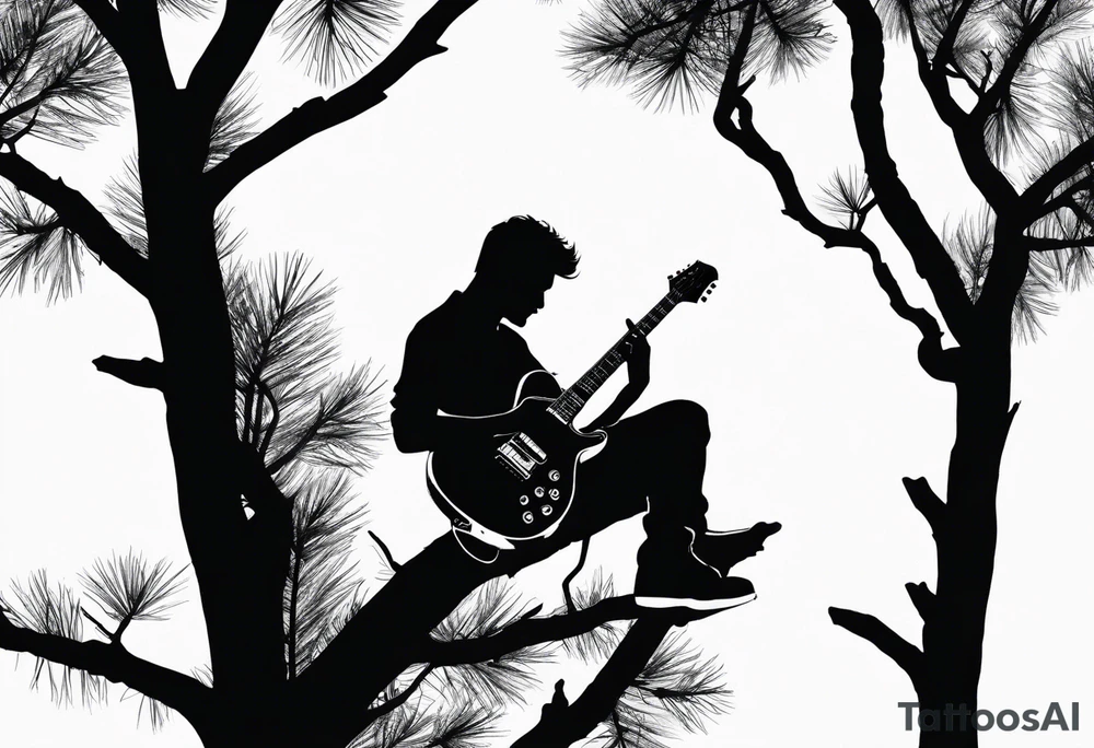 silhouette of a man sitting in a pine tree playing electric guitar tattoo idea