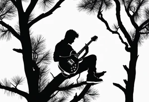 silhouette of a man sitting in a pine tree playing electric guitar tattoo idea