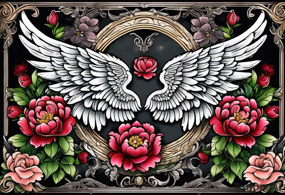 beautiful angel wings with colorful, peonies. beautiful flilligree in the background , full color, traditional old school tattoo idea