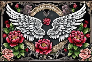 beautiful angel wings with colorful, peonies. beautiful flilligree in the background , full color, traditional old school tattoo idea