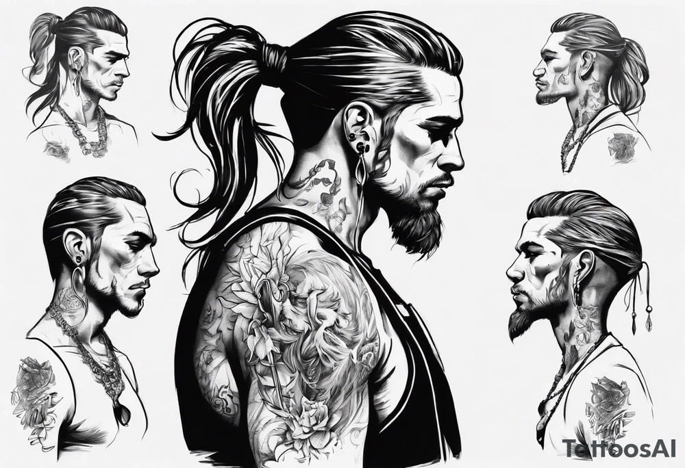 Man standing full-length, with long hair in a ponytail, smoking, earrings in ears, no headgear tattoo idea