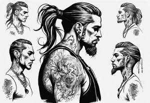 Man standing full-length, with long hair in a ponytail, smoking, earrings in ears, no headgear tattoo idea