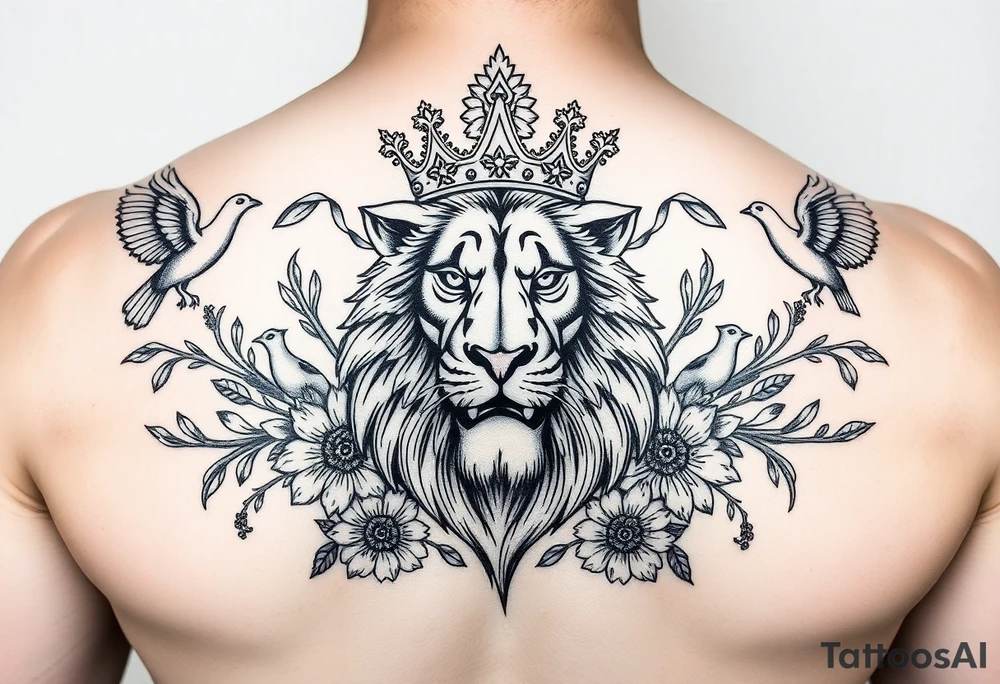 powerful majestic lion with a crown, surrounded by floral ornaments and birds tattoo idea