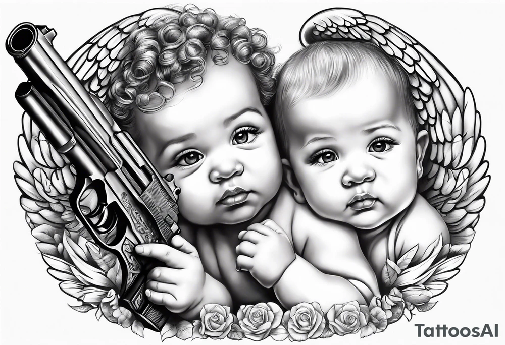 Baby angel shooting gun tattoo idea