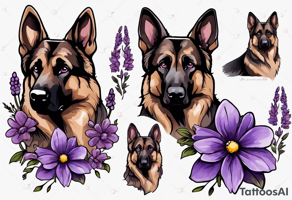 Dark brown, German shepherd with purple daisies tattoo idea