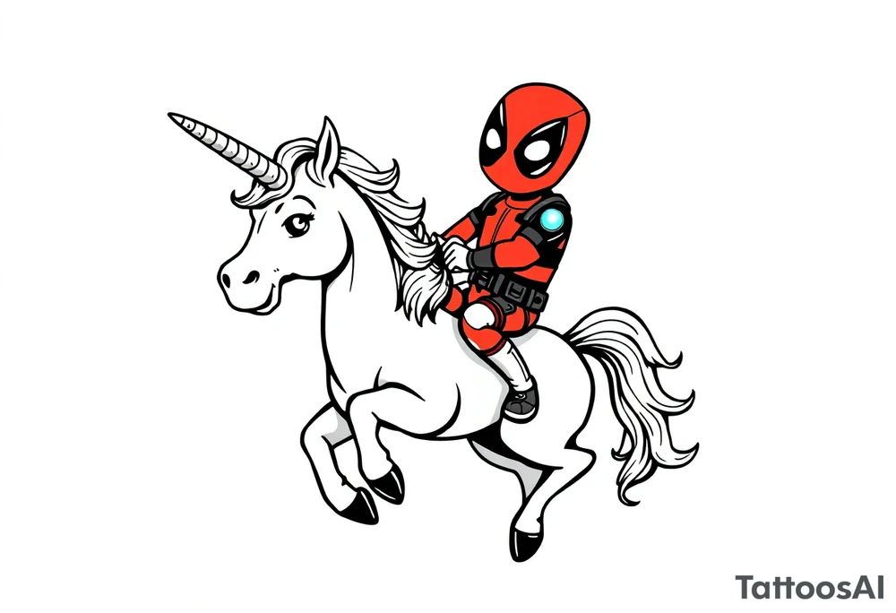 Deadpool riding cartoon unicorn holding Russian era Rocket tattoo idea