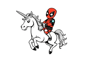 Deadpool riding cartoon unicorn holding Russian era Rocket tattoo idea