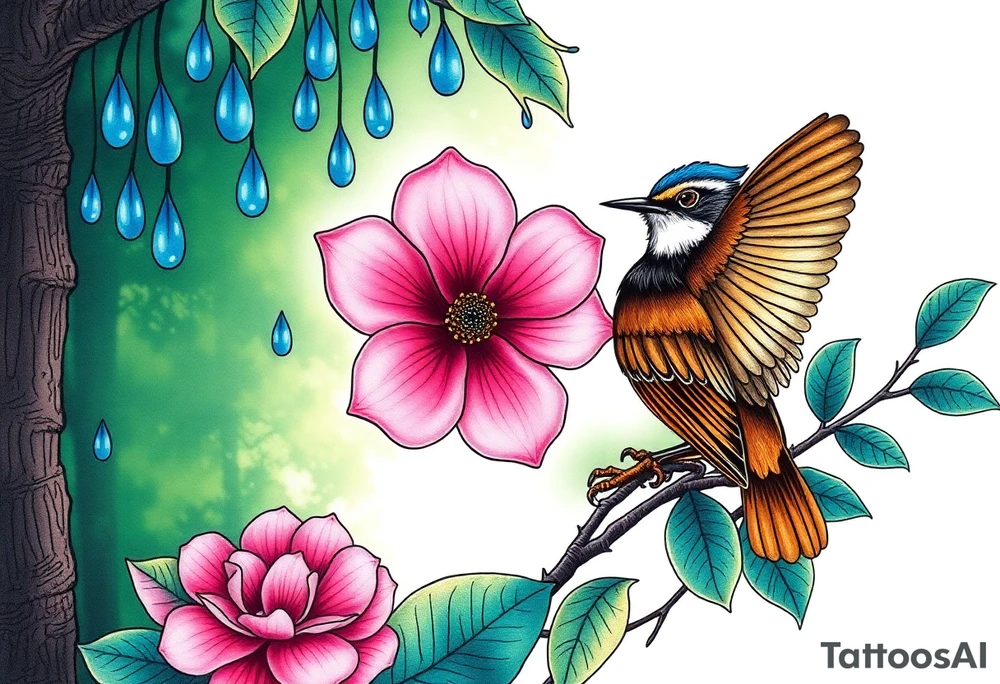 green forest background
blue rain drops
pink camelia flower
blue brown wren bird tattoo idea