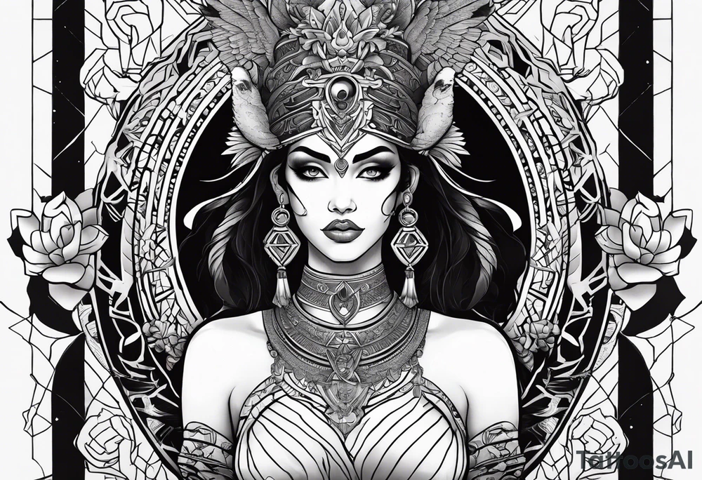 kali ma, alien goddess, valkrye, aries, pirate, divine feminine, zenza resonance, pachamama, lotus azul, blank panther, eagle, skull, 5D, nueva gaya, dna 12, left side chest tatoo tattoo idea
