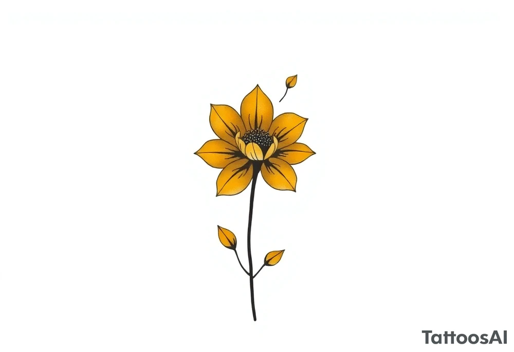 A minimalist flower tattoo that represents a shattered and betrayed gemini woman who fought hard throughout this year. With colors yellow and black. Make it unique and rare tattoo idea