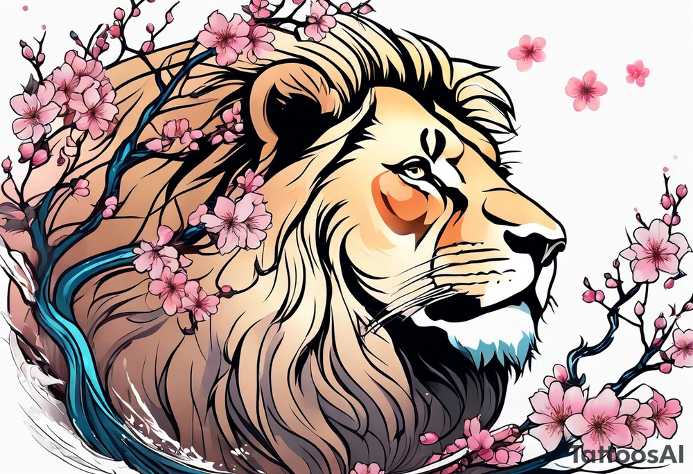 Cherry blossom blowing in the wind with a lion tattoo idea