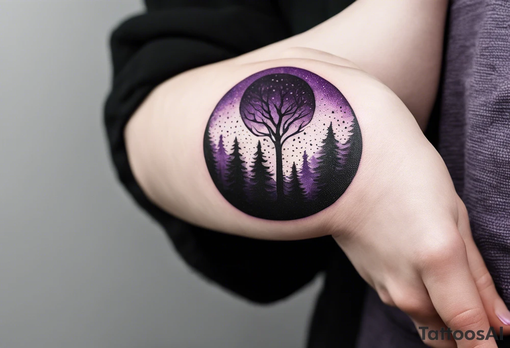 forest, purple and black, on hand, fully covered, no borders, blackwork tattoo idea