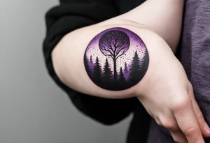 forest, purple and black, on hand, fully covered, no borders, blackwork tattoo idea