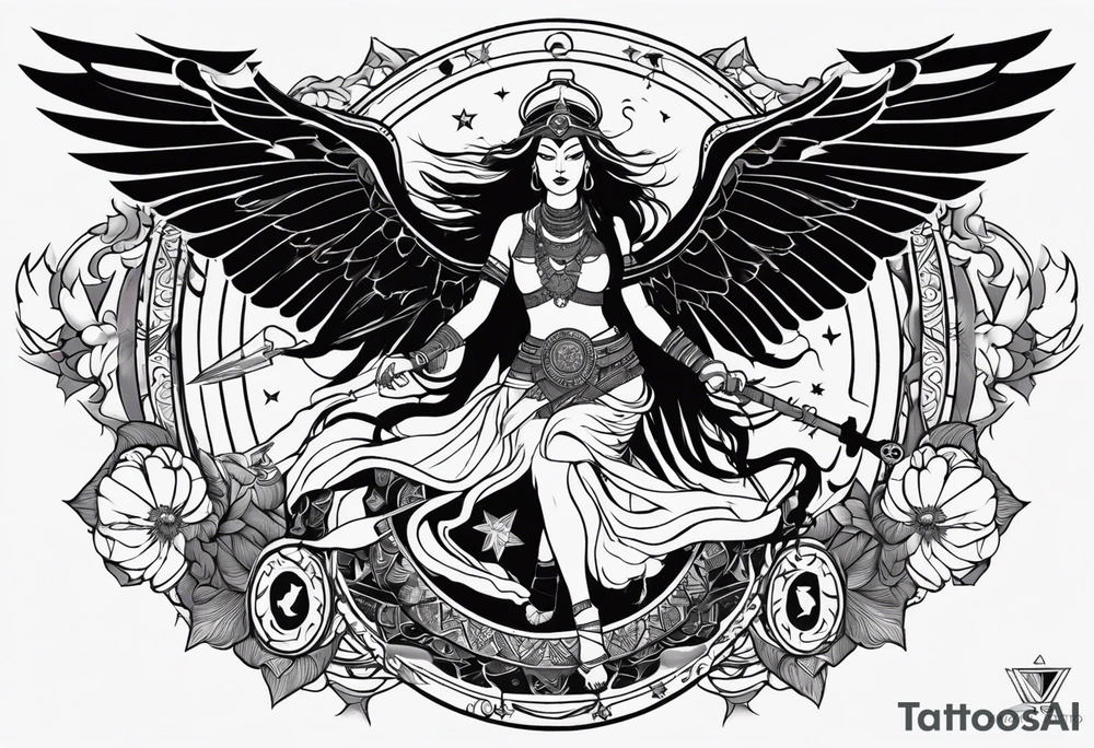 black kali, goddess pirate, alien, angel, pachamama, valkrye, warrior, flying, skull, lotus azul, wing, eagle, zenza resonance, stars, 5D, anahata chakra, death, durga, riding on a tiger, flying lady tattoo idea