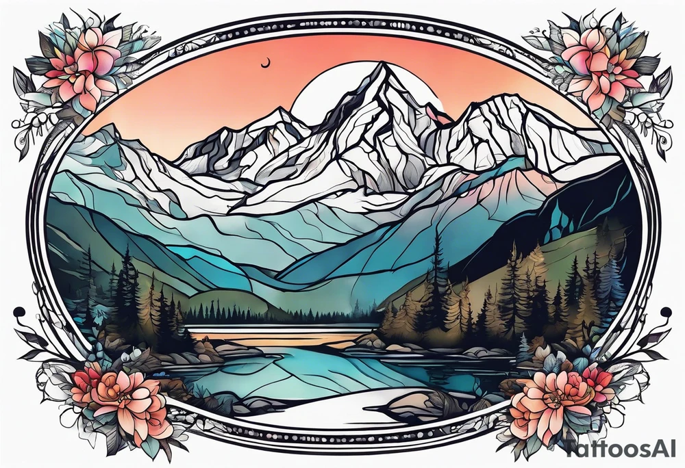 Feminine adventure, mountain scape, compass, large tattoo idea